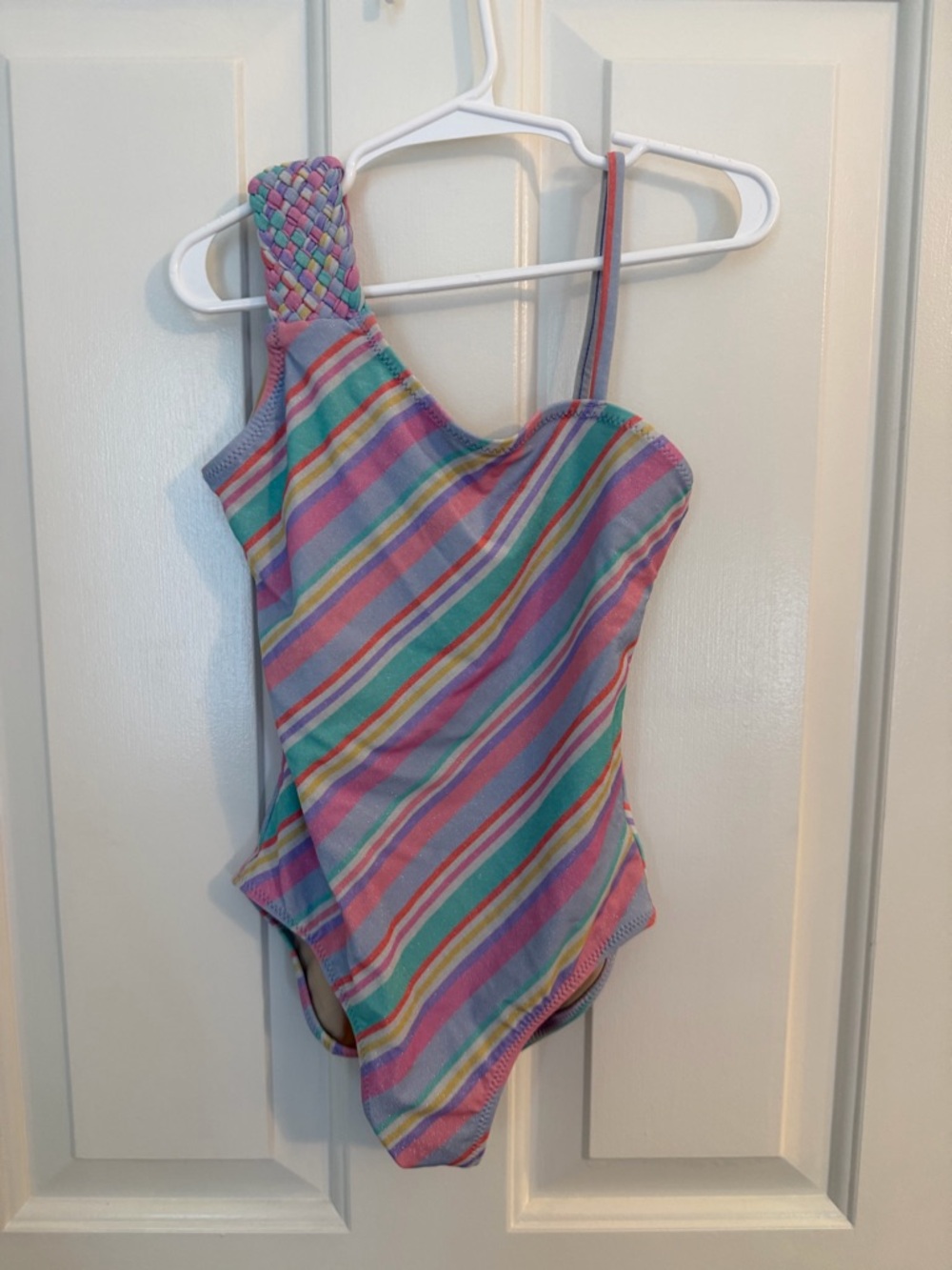 Girls Pastel Multicolor Striped One-Piece Swimsuit with Braided Strap